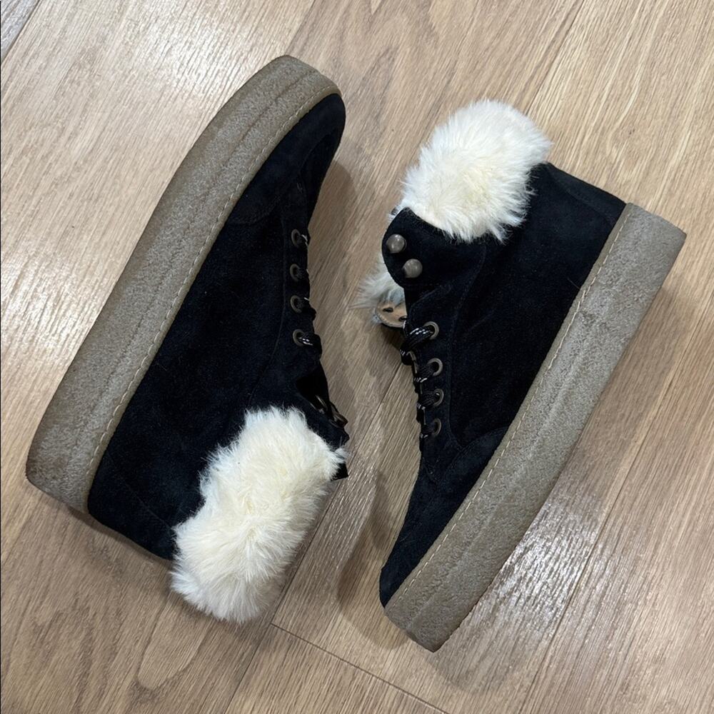 Saks Fifth Avenue Faux Shearling Lined Black Suede Platform Sneakers - Size 10